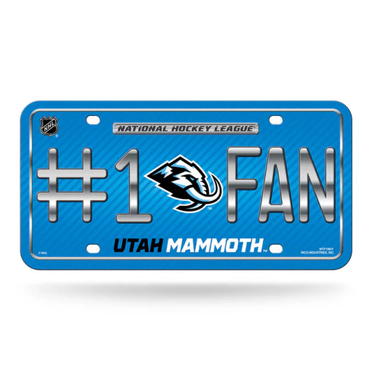 Utah Mammoth #1 Fan metal license plate with bold team colors and graphics. Official NHL auto accessory.