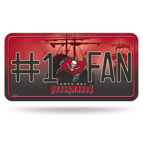 Tampa Bay Buccaneers #1 Fan 6"x12" metal license plate with team colors and graphics, officially licensed by the NFL.