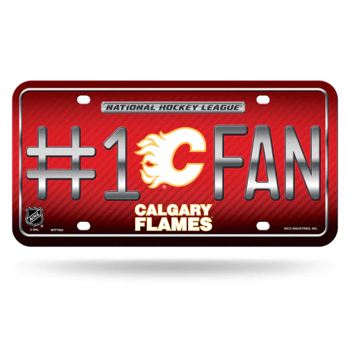 Calgary Flames #1 Fan Metal License Plate by Rico, 6" x 12", durable metal, team colors and graphics, NHL licensed, ideal for displaying team pride.