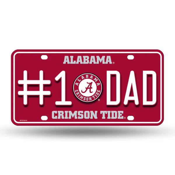 Alabama Crimson Tide #1 Dad metal license plate with bold team colors, perfect for vehicles or fan display areas.