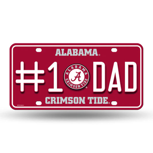 Alabama Crimson Tide #1 Dad metal license plate with bold team colors, perfect for vehicles or fan display areas.