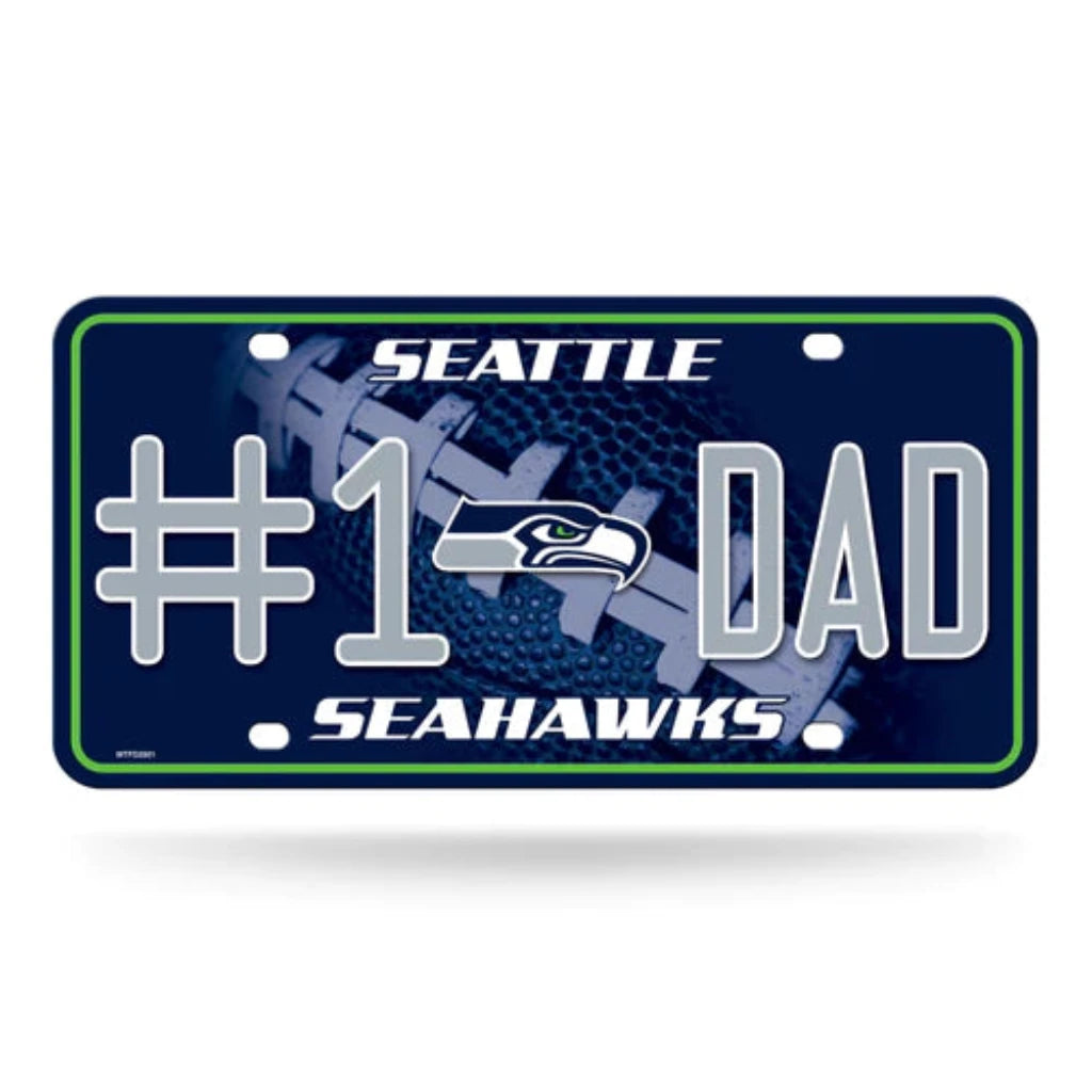 Seattle Seahawks #1 Dad metal auto license plate, 6x12 inches, featuring team colors and graphics. Officially licensed.