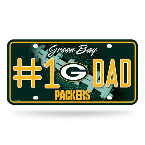 Green Bay Packers #1 Dad Metal License Plate, 6" x 12", officially licensed, featuring bold team colors and graphics for display.