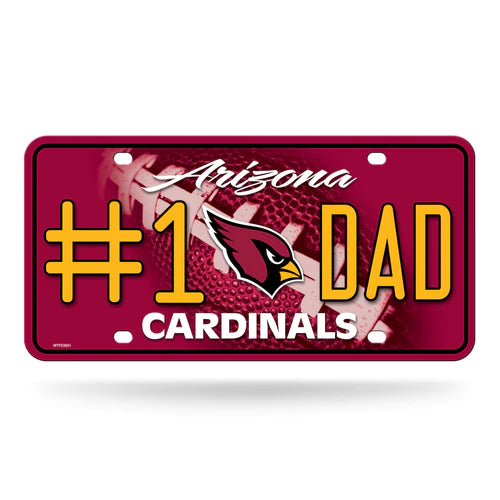 Arizona Cardinals #1 Dad metal license plate with team colors and graphics, measuring 6" x 12", made by Rico.