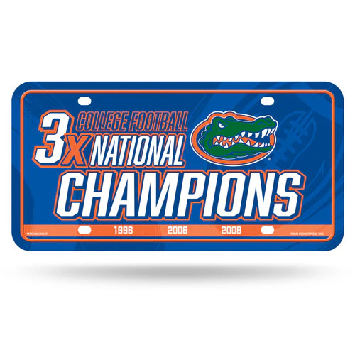 Florida Gators 3x Football Champs Metal License Plate by Rico