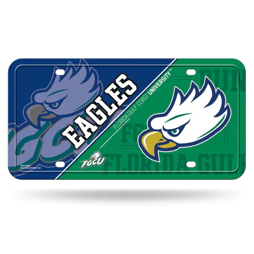 This license plate features the florida gulf coast university eagles, with the team mascot in blue and white on a green and blue divided background, and "Eagles" in bold white lettering.