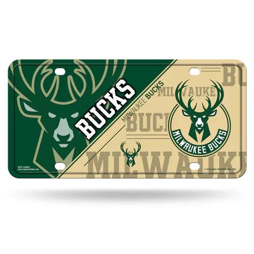 Milwaukee Bucks Split Design Metal Auto License Plate: NBA-licensed, 6" x 12", vibrant team colors/graphics, durable metal by Rico.