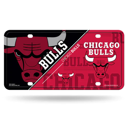 A decorative license plate featuring the chicago bulls logo with three bull heads and the team name in white and black on a red background.