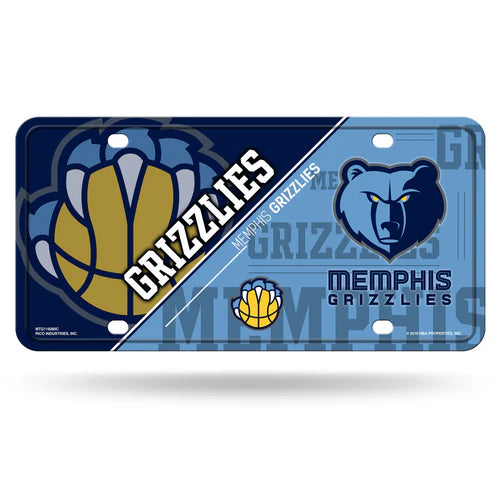 Memphis Grizzlies Split Design Metal Auto License Plate by Rico, 6" x 12", metal with bold team colors/graphics, officially licensed by NBA.