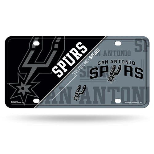 Officially licensed San Antonio Spurs Split Design Metal License Plate by Rico, 6x12", durable metal, vibrant team colors/graphics, NBA-approved.