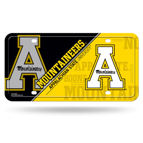 Appalachian State Mountaineers Split Design metal license plate with team colors and graphics, measuring 6" x 12", made by Rico.