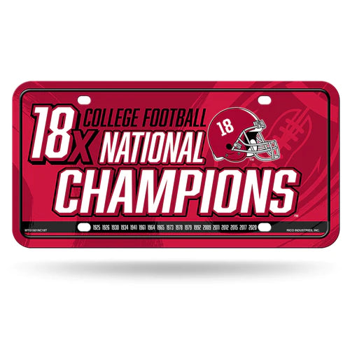 Alabama Crimson Tide 18 Time College Football Champs Metal License Plate by Rico