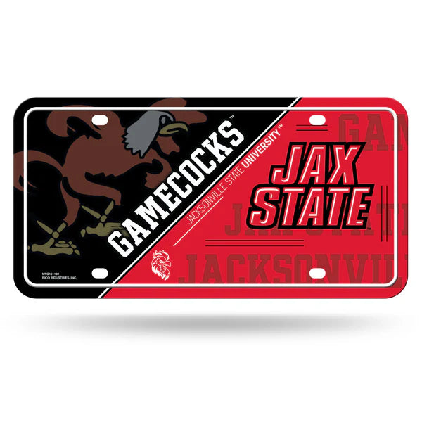 Jacksonville State Gamecocks NCAA 6x12 split design metal license plate with team colors, officially licensed.