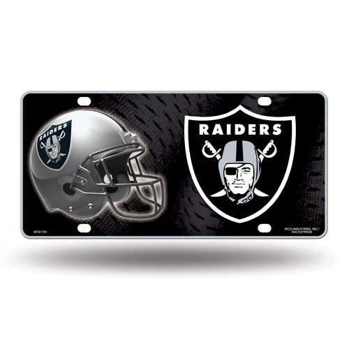 Las Vegas Raiders Metal License Plate: Officially licensed by NFL. Measures 6" x 12". Features team colors and graphics on durable metal.