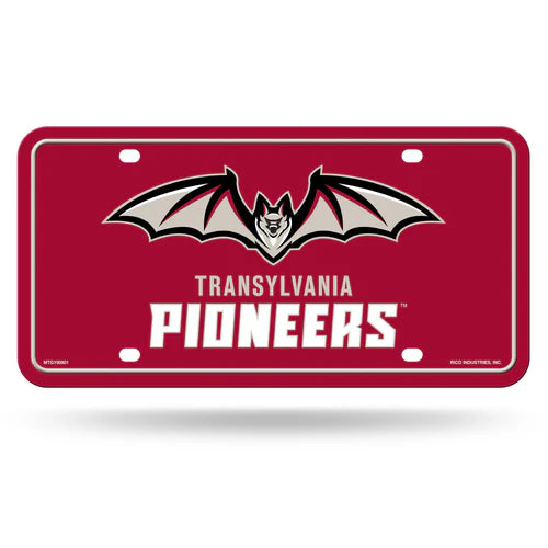 Transylvania Pioneers metal auto license plate featuring official NCAA team logo and graphics, made of weather-resistant aluminum.