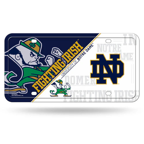 Notre Dame Fighting Irish metal license plate: bold colors, durable aluminum, easy install. Go Irish!