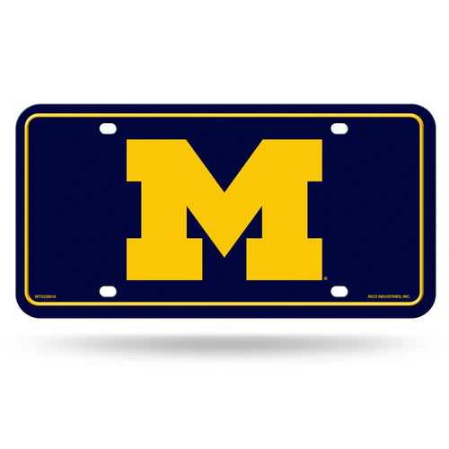 Michigan Wolverines metal license plate made by Rico. Features team colors and graphics and measures 6" x 12". Officially Licensed