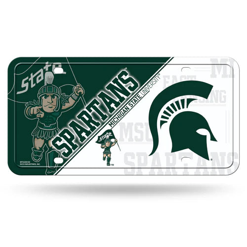 Michigan State Spartans metal license plate with team colors and graphics, NCAA auto tag by Rico