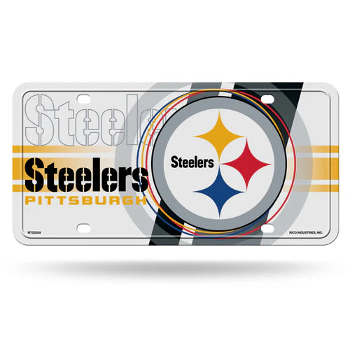 Pittsburgh Steelers metal license plate with bold team colors, 6" x 12" size, official NFL merchandise
