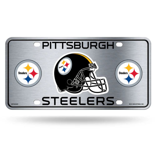 Pittsburgh Steelers metal license plate in team colors with bold graphics, 6x12 inches, officially licensed by NFL