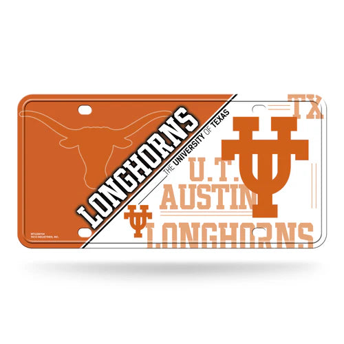 Texas Longhorns NCAA split design metal license plate with bold team graphics, durable 6x12 size, by Rico Industries.