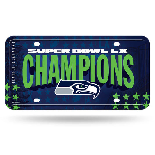 Seattle Seahawks Super Bowl LX Champions metal license plate/auto tag, 6x12 inches, official NFL graphics