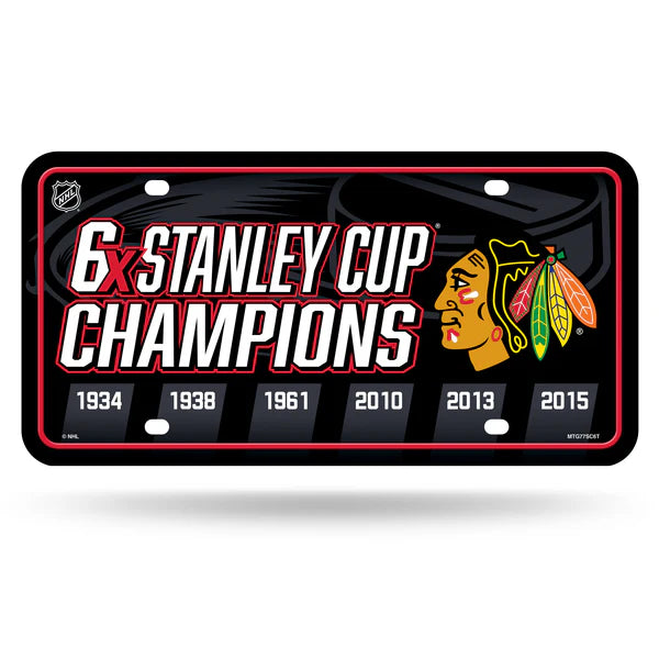Chicago Blackhawks metal license plate 6" x 12" with team colors, graphics, and 6 Stanley Cup championships.