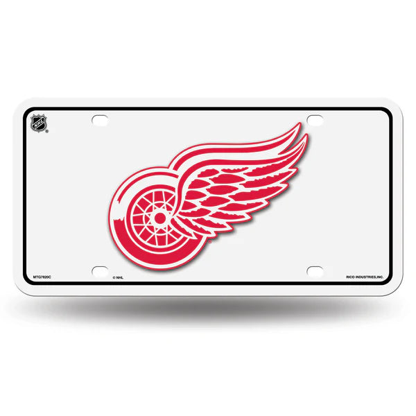 Detroit Red Wings NHL white metal license plate featuring official team colors and graphics, made by Rico Industries