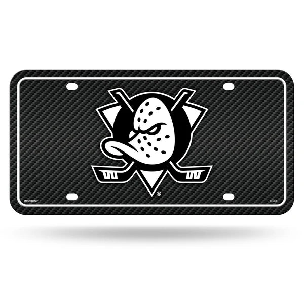 Anaheim Ducks NHL metal license plate, carbon fiber design, 6x12 inches, officially licensed by NHL.