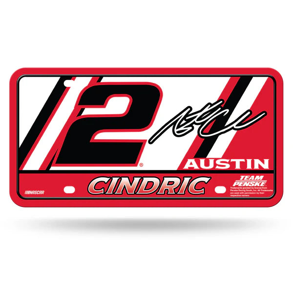 Austin Cindric NASCAR metal license plate with bold team graphics and colors, ideal for cars, garages, or fan spaces.