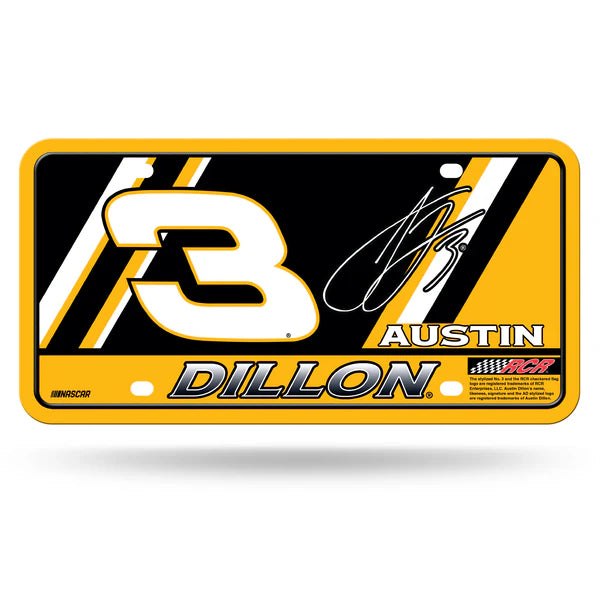 Austin Dillon NASCAR metal license plate with bold graphics and team colors, great for fans, cars, or wall display.