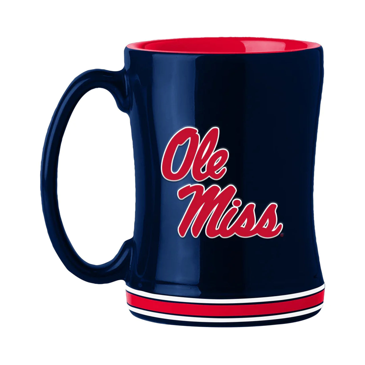 Mississippi Rebels 14 oz ceramic coffee mug with 3D logo, team colors, and team name on handle. Microwave & dishwasher safe.