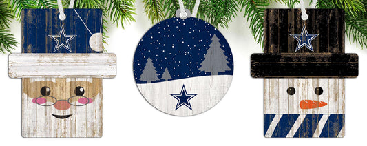 Dallas Cowboys NFL 3-Pack Ornaments: Rustic MDF designs, officially licensed, made in USA. Perfect for Cowboys fans' trees! Sizes: 3.5"–4.25"
