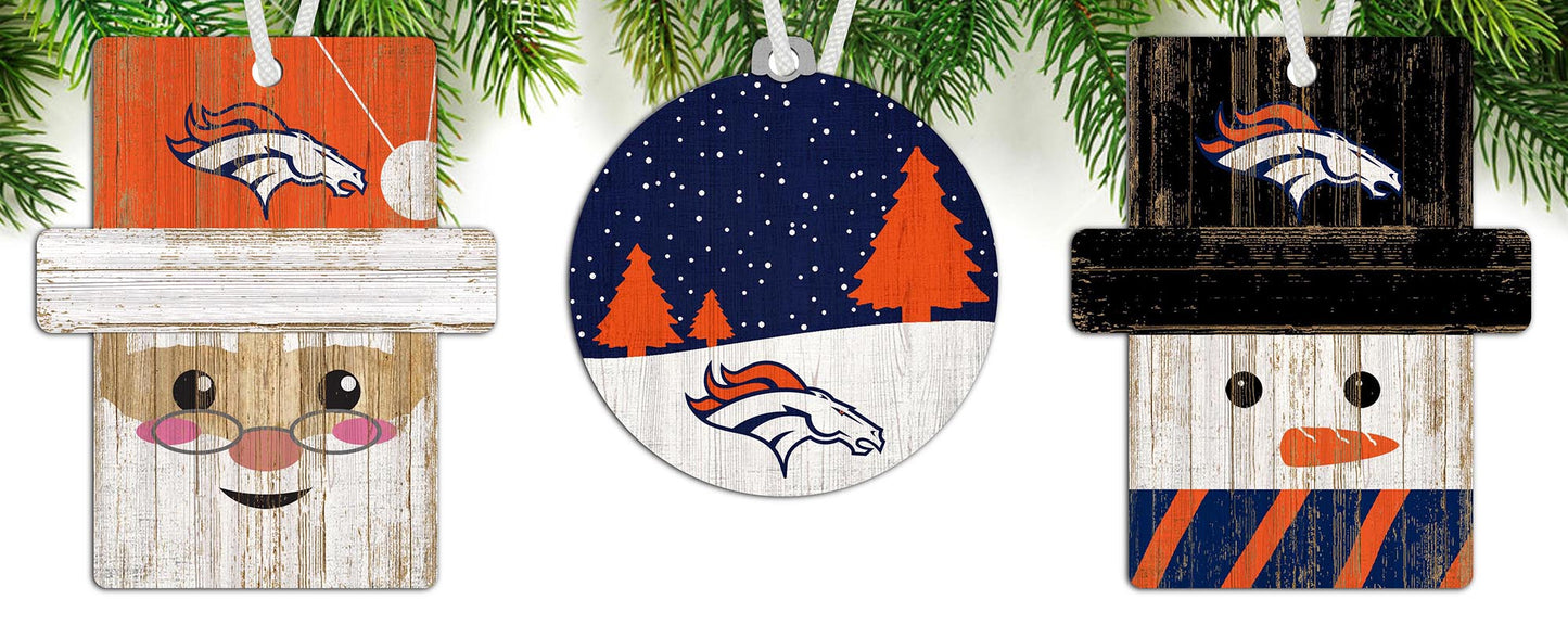 Denver Broncos NFL 3-pack Christmas ornament set with rustic MDF design, perfect for tree decor. Made in USA.