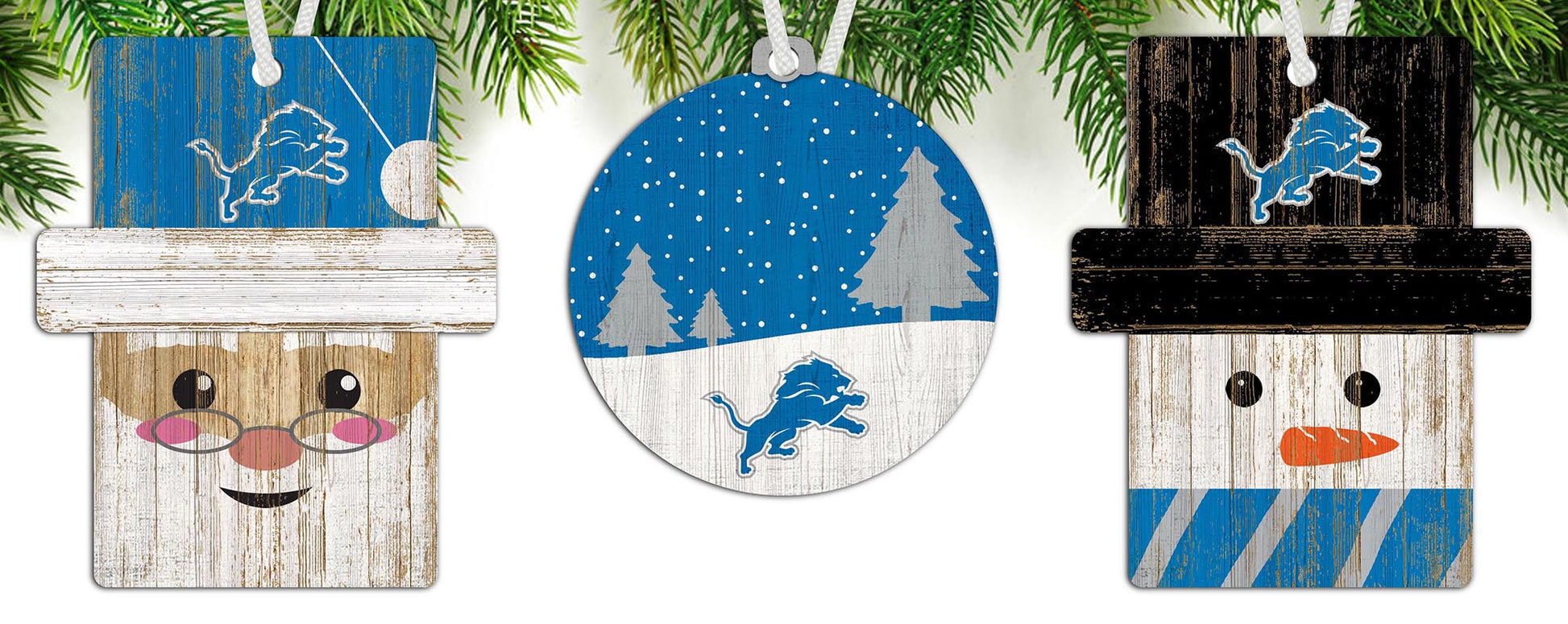 Detroit Lions NFL 3-pack Christmas ornament set with rustic MDF design, perfect for tree decor. Made in USA.