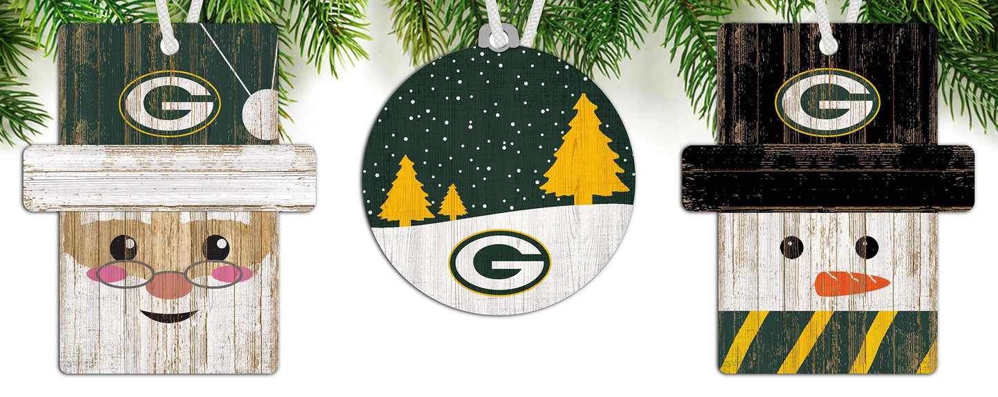 Green Bay Packers NFL 3-pack Christmas ornament set with rustic MDF design, perfect for tree decor. Made in USA.