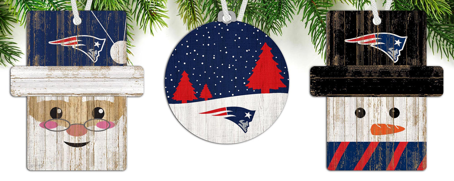 New England Patriots 3-Pack Ornament Set: Santa, Snowman, and Snow Scene. Distressed, indoor use. Officially licensed.