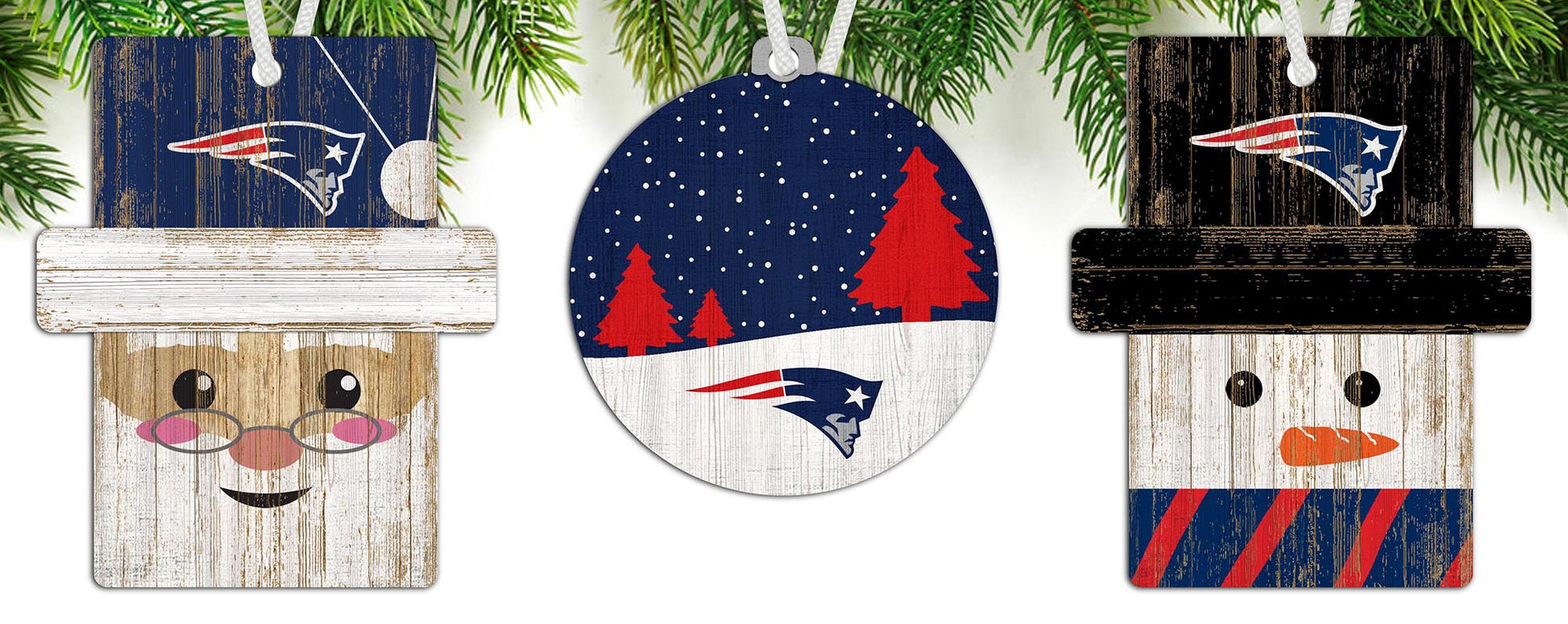 New England Patriots 3-Pack Ornament Set: Santa, Snowman, and Snow Scene. Distressed, indoor use. Officially licensed.