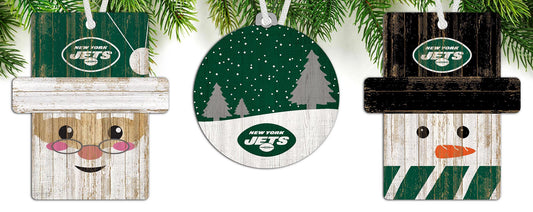 New York Jets NFL 3-pack ornament set with Santa, snowman, and snow scene. Perfect for holiday tree decoration.