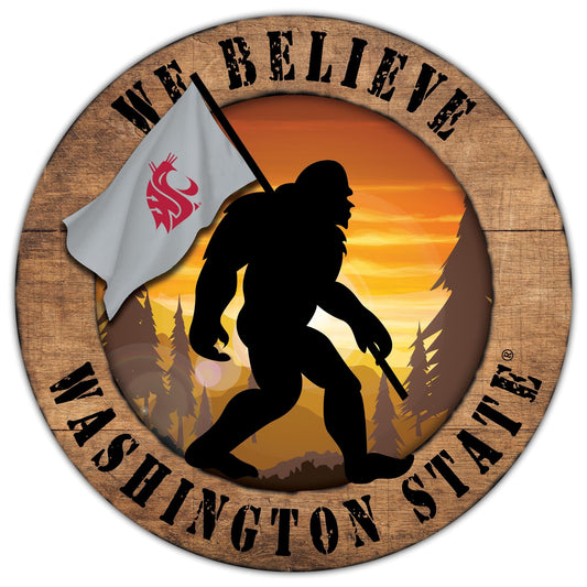 Washington State Cougars We Believe Bigfoot 12" Round Distressed Wooden Sign by Fan Creations