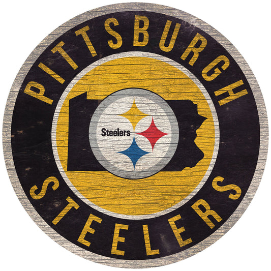 Pittsburgh Steelers distressed sign featuring team colors, graphics, and state outline in the background. Made in the USA.