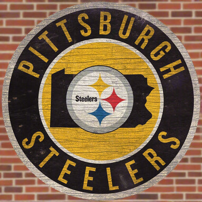 Pittsburgh Steelers 12" Round Distressed Sign with State by Fan Creations