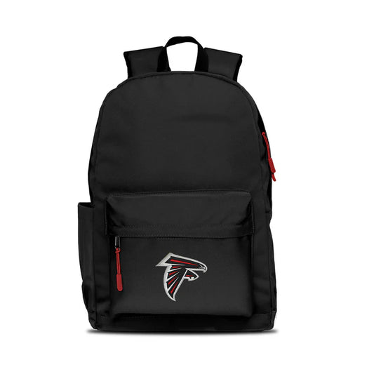 Atlanta Falcons campus laptop backpack: 17x12x6.5", large main compartment, water bottle pocket, embroidered logo, red zipper pull.