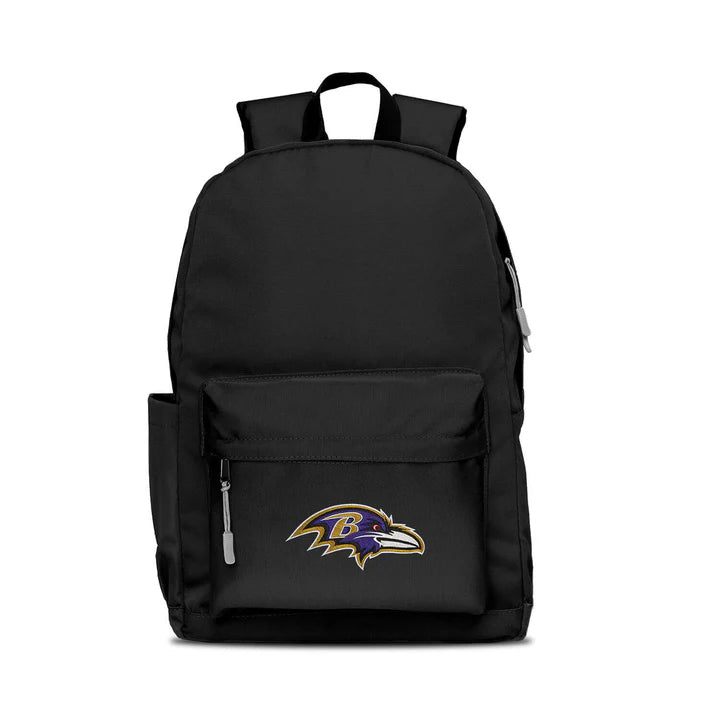 Baltimore Ravens campus laptop backpack: 17x12x6.5", large main compartment, water bottle pocket, embroidered logo, gray zipper pull.