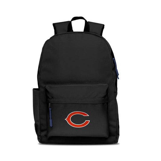 Chicago Bears campus laptop backpack: 17x12x6.5", large main compartment, water bottle pocket, embroidered logo, navy blue zipper pull.