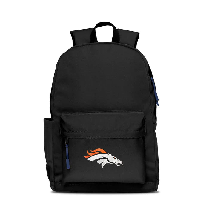 Denver Broncos campus laptop backpack: 17x12x6.5", large main compartment, water bottle pocket, embroidered logo, navy blue zipper pull.