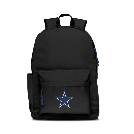 Dallas Cowboys campus laptop backpack: 17x12x6.5", large main compartment, water bottle pocket, embroidered logo, navy blue zipper pull.