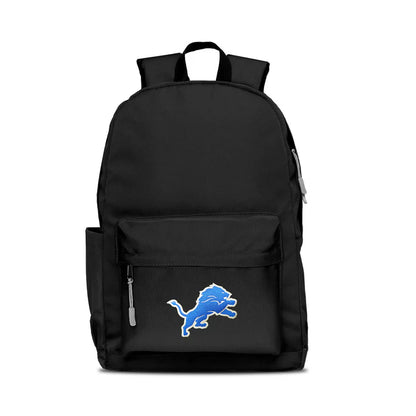 Detroit Lions campus laptop backpack: 17x12x6.5", large main compartment, water bottle pocket, embroidered logo, gray zipper pull.