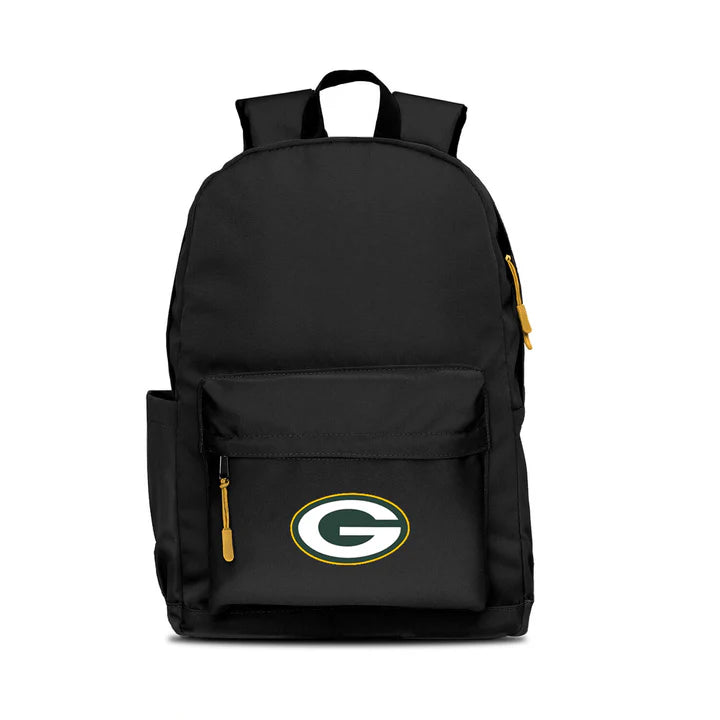 Green Bay Packers campus laptop backpack: 17x12x6.5", large main compartment, water bottle pocket, embroidered logo, yellow zipper pull.