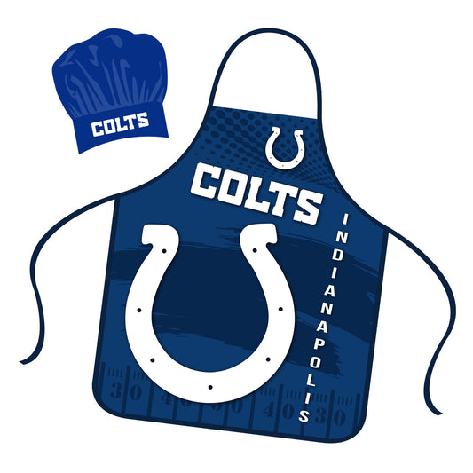 Indianapolis Colts NFL apron and chef hat set featuring team colors and graphics, made of 100% polyester by PSG.